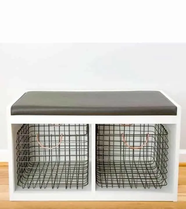 image of upholstered DIY bench with baskets for shoe storage