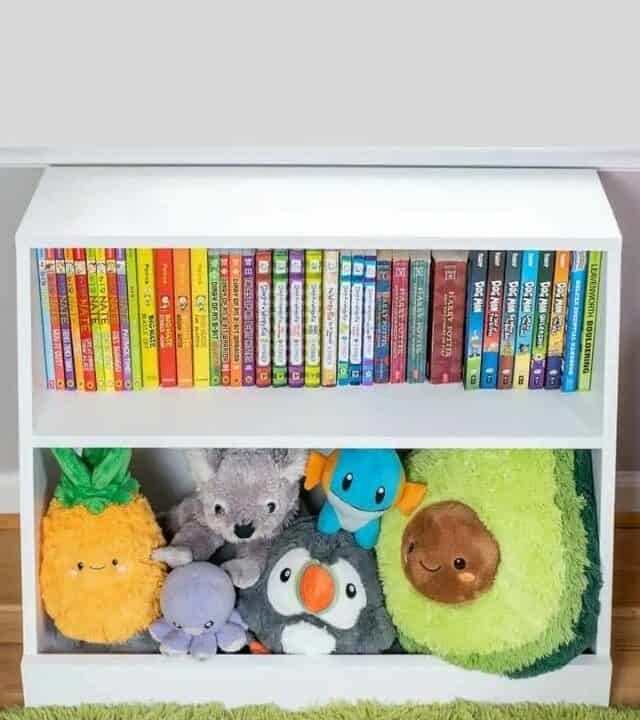 Kids bookshelf and toy organizer filled with books and toys
