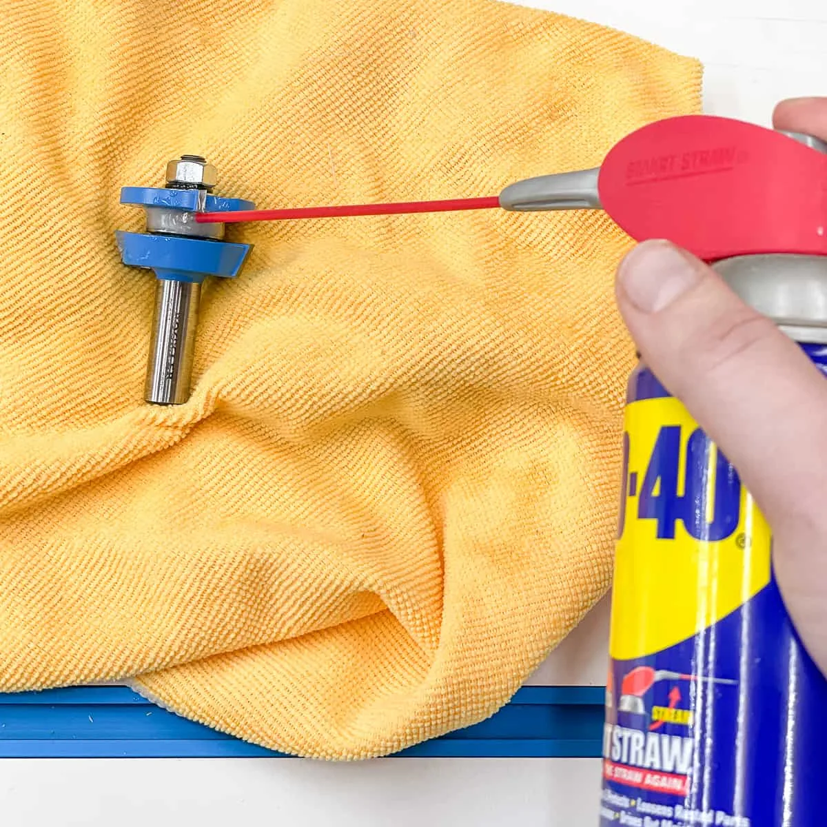spraying router bit with wd-40 to prevent rusting after cleaning