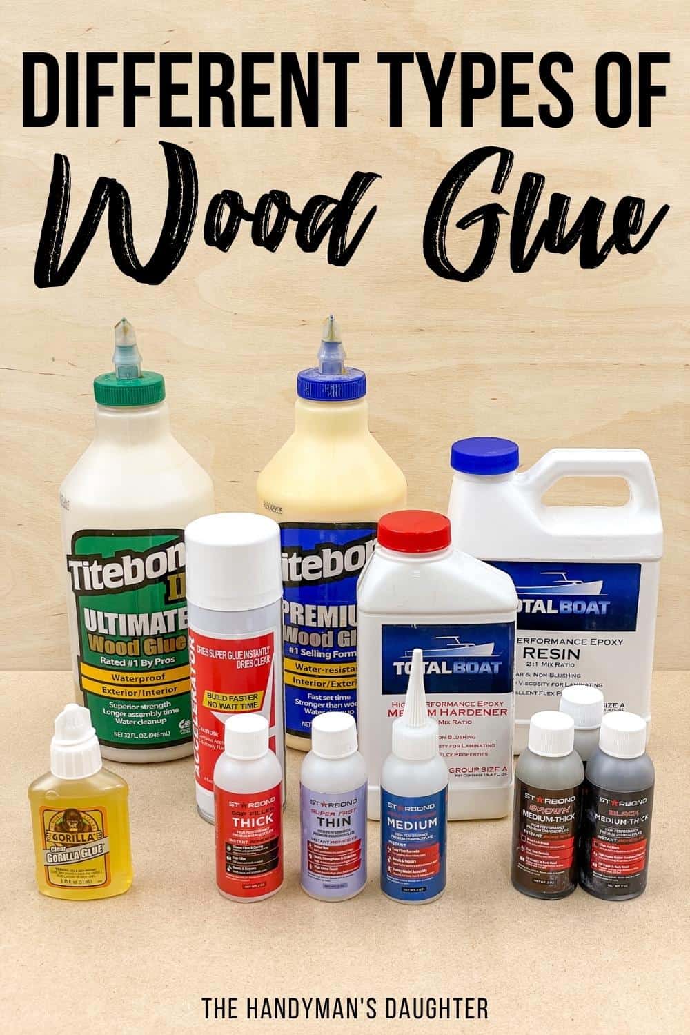 different types of wood glue with text overlay