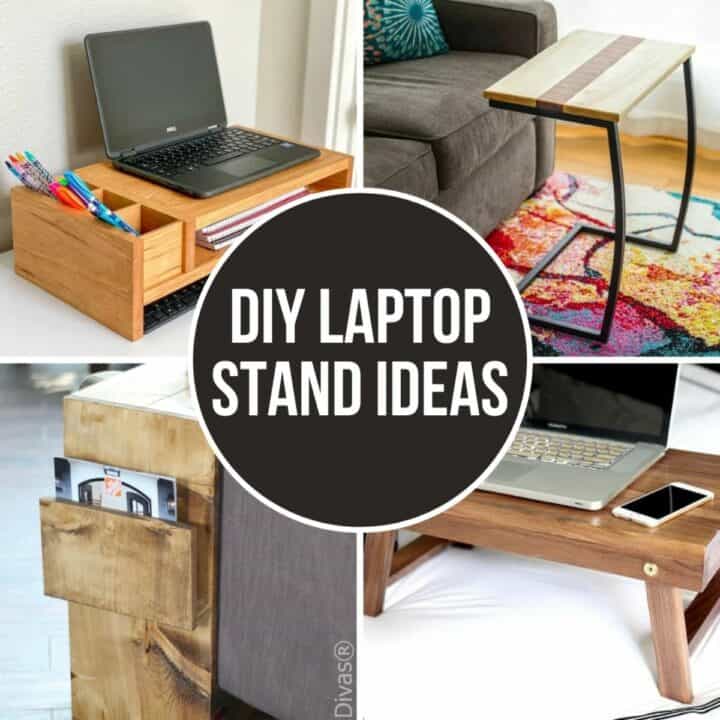 image collage of four DIY laptop stand ideas with text overlay