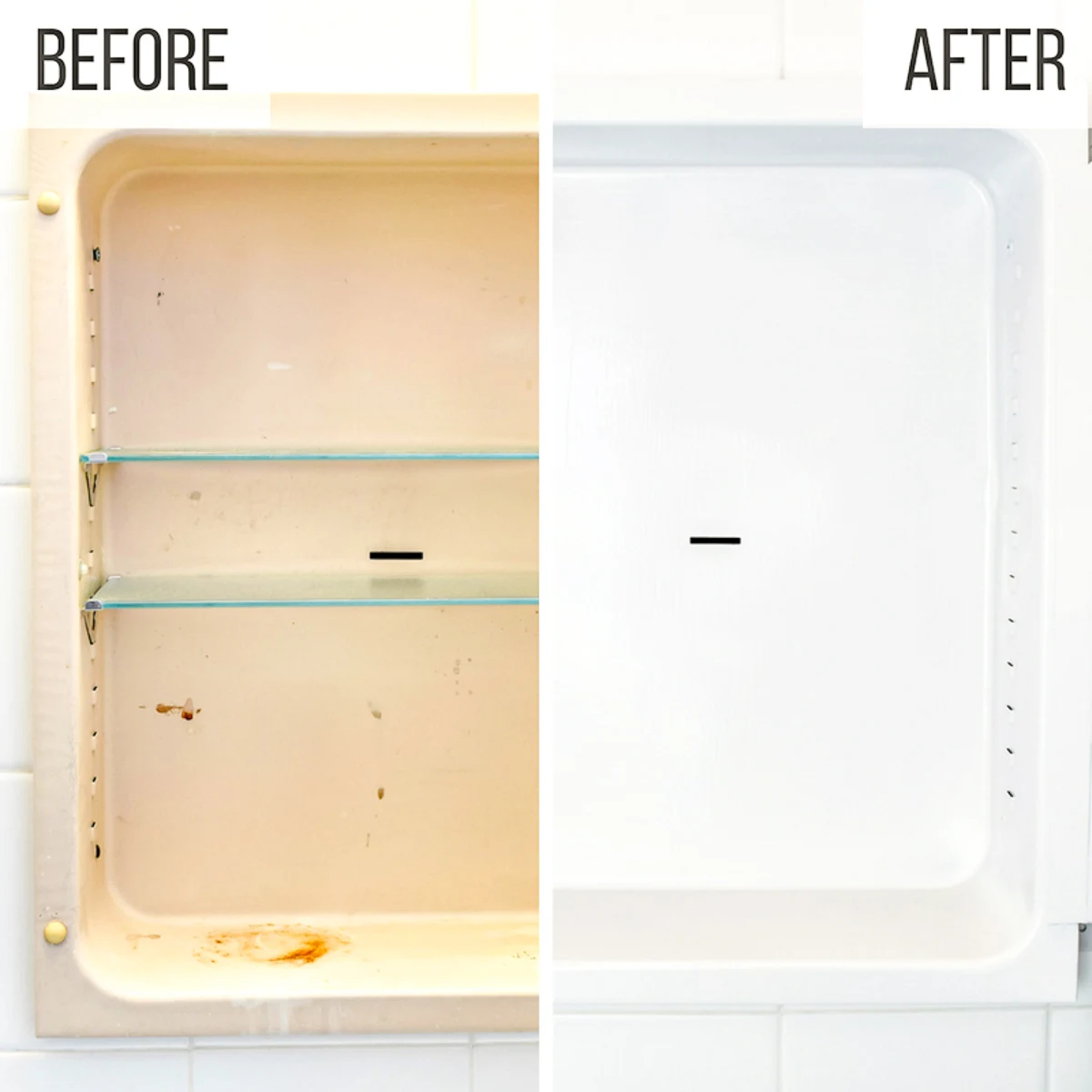 split screen of before and after painting rusted metal medicine cabinet