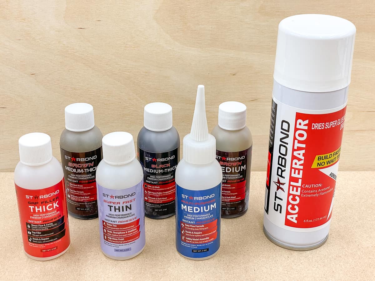 Starbond CA glue bottles and accelerator