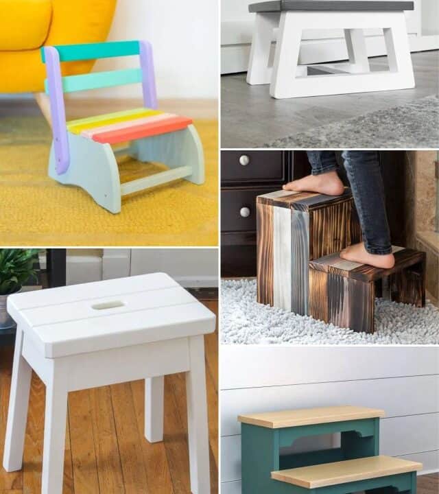 image collage of five DIY wooden step stool in different styles