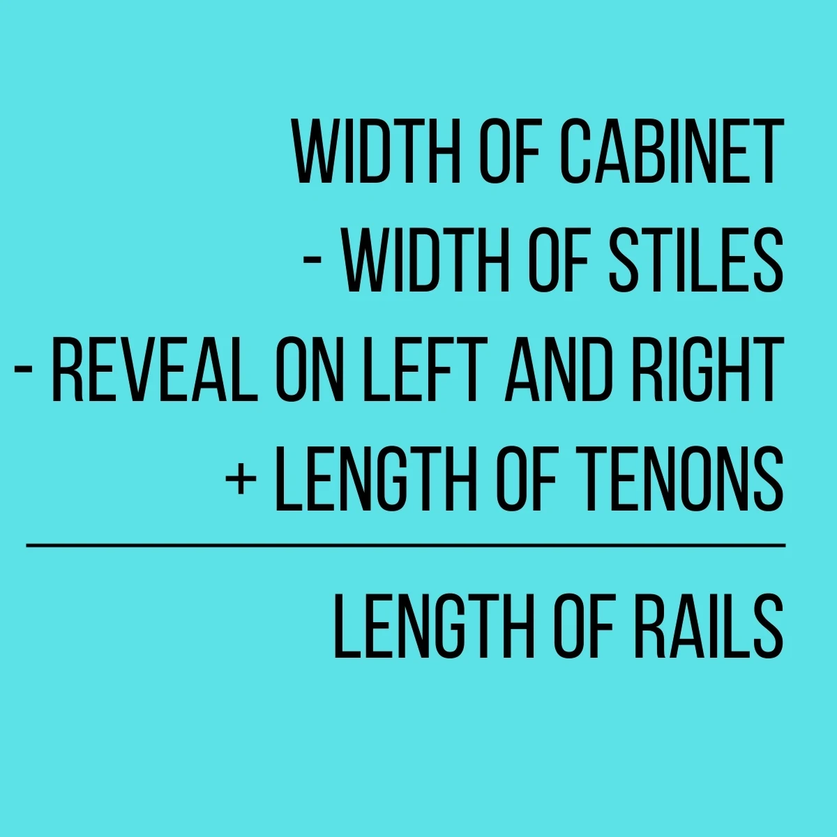 formula for calculating length of rails: width of cabinet minus width of stiles minus reveal on left and right plus length of tenons