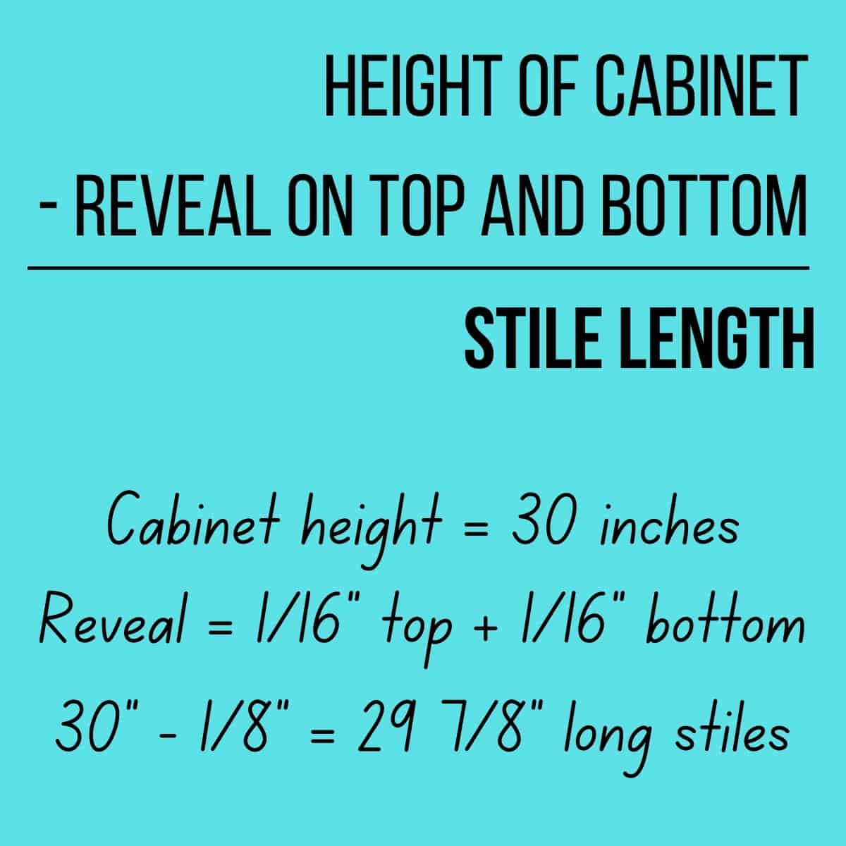 formula for determining stile length: height of cabinet minus reveal of top and bottom = stile length