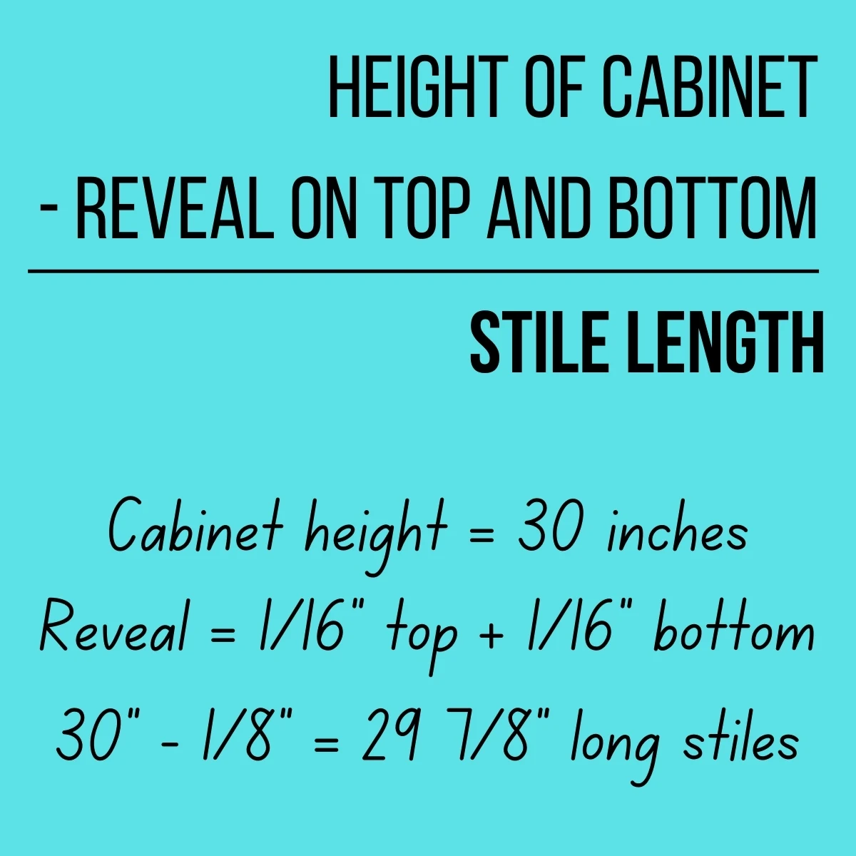 formula for determining stile length: height of cabinet minus reveal of top and bottom = stile length