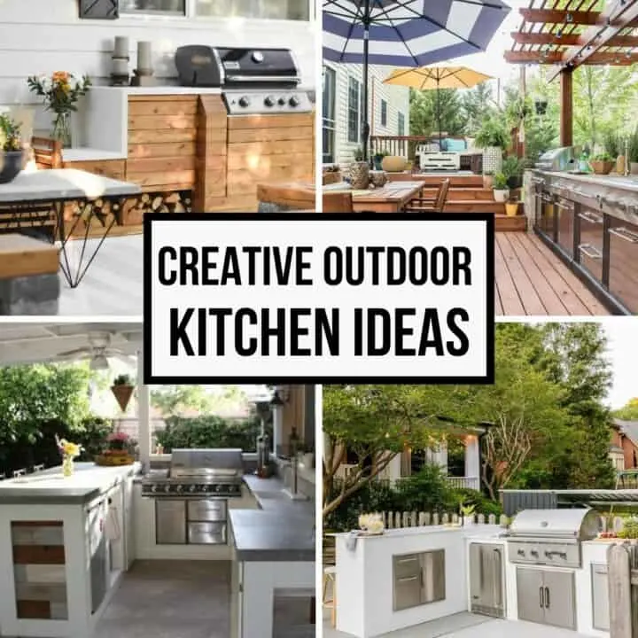 image collage of 4 creative outdoor kitchen ideas with text overlay 