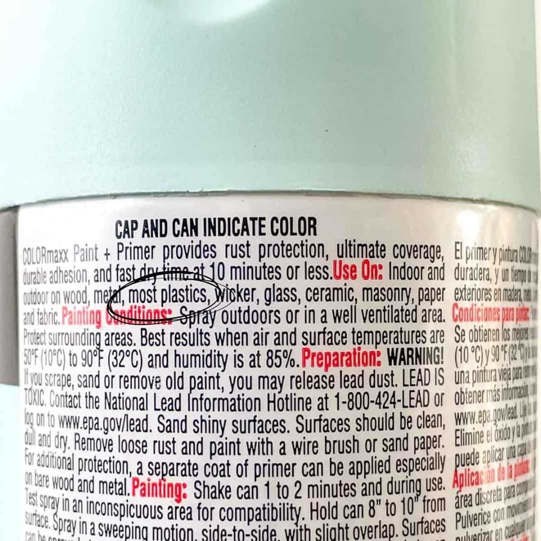 spray paint can label with circle around "most plastics"