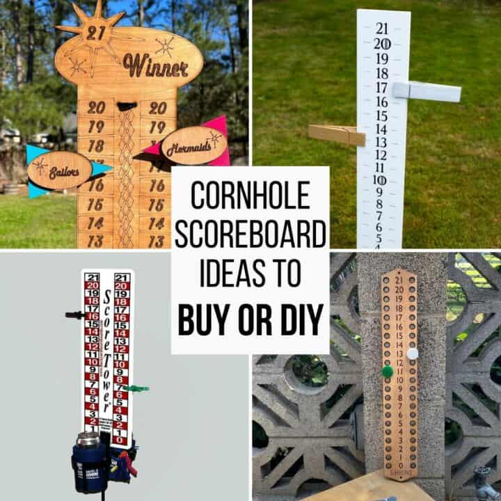 collage of cornhole scoreboard ideas to buy or DIY