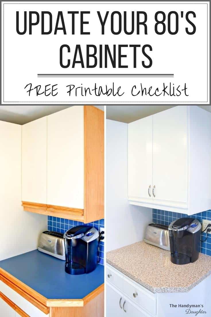 before and after photos of white painted laminate cabinets with oak trim