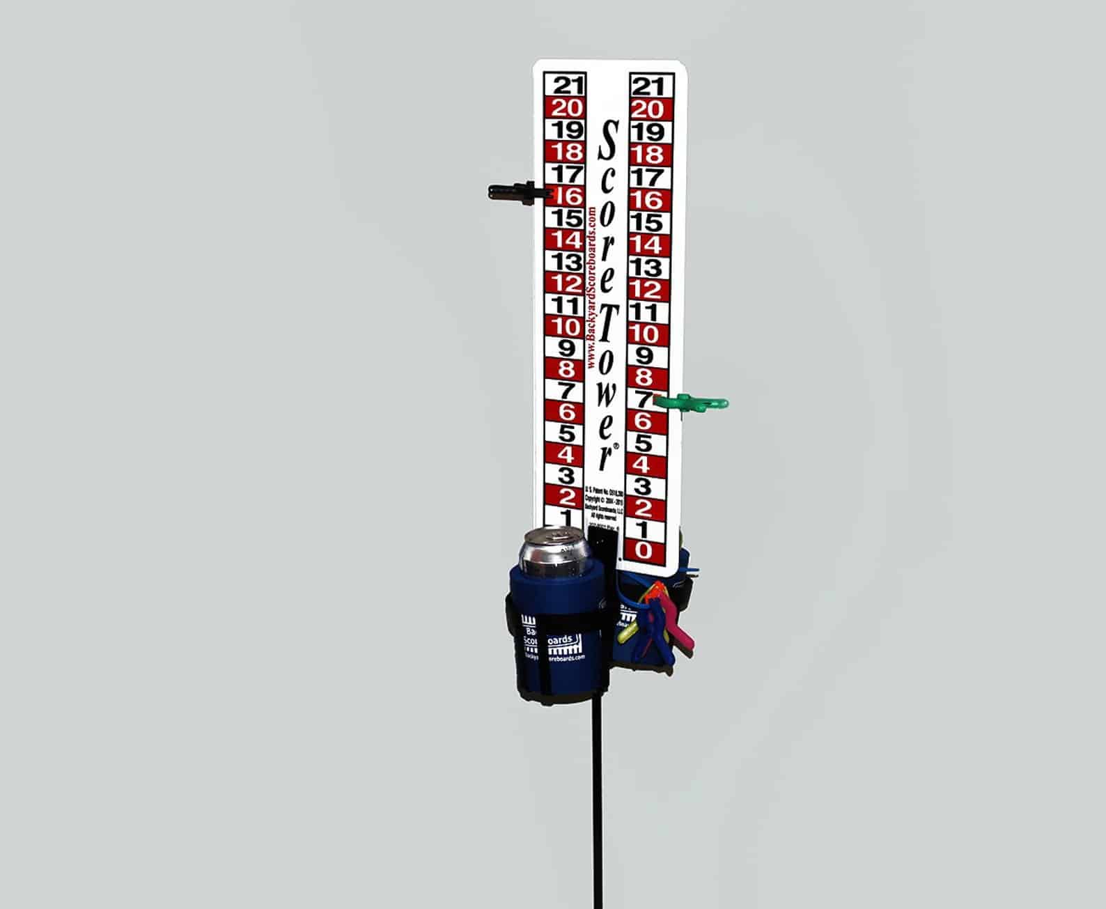 cornhole scorekeeper on a pole with drink holder