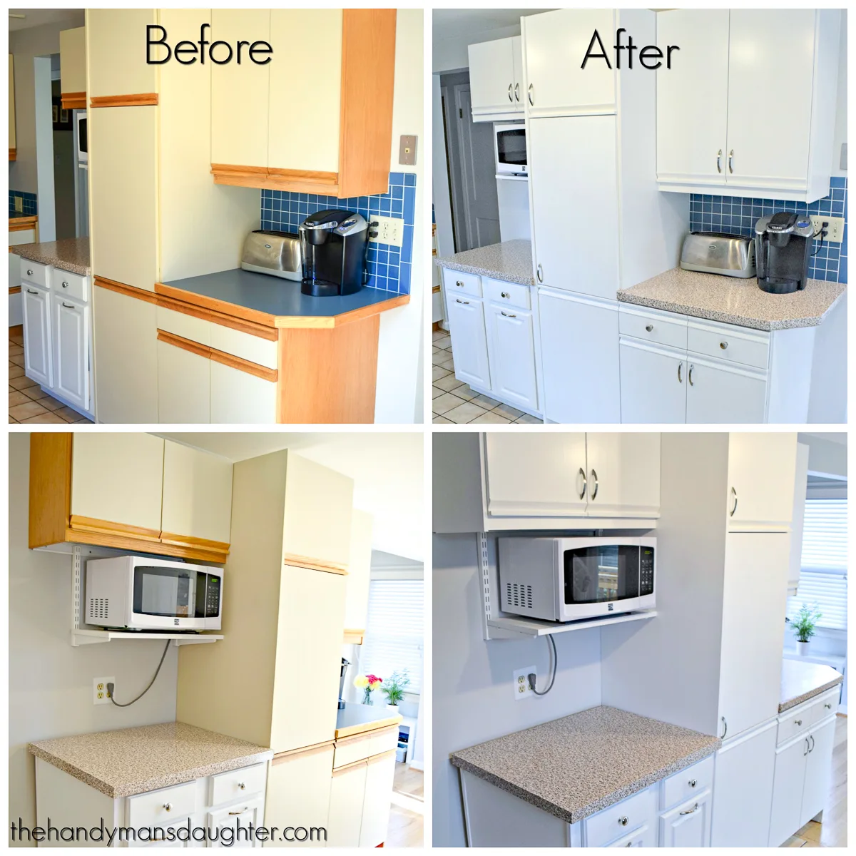 before and after photos of painted laminate kitchen cabinets