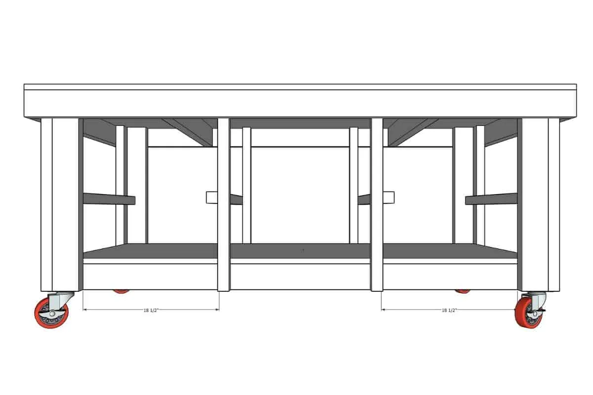 3D model of DIY workbench with shelf supports attached to frame