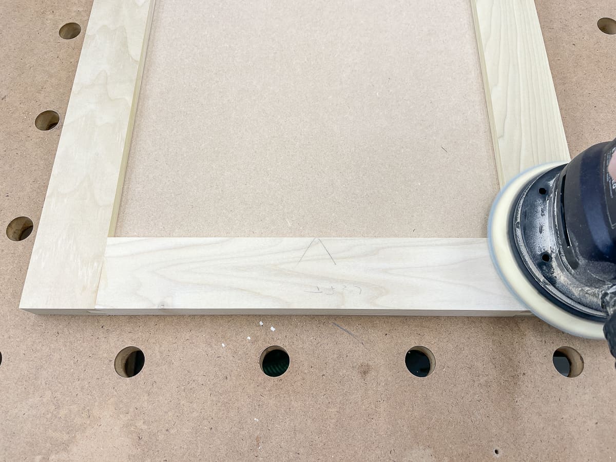 sanding assembled DIY cabinet door