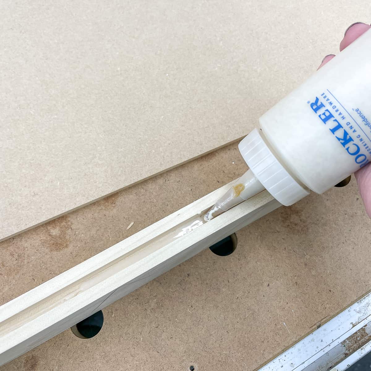 applying wood glue to groove in cabinet door stile