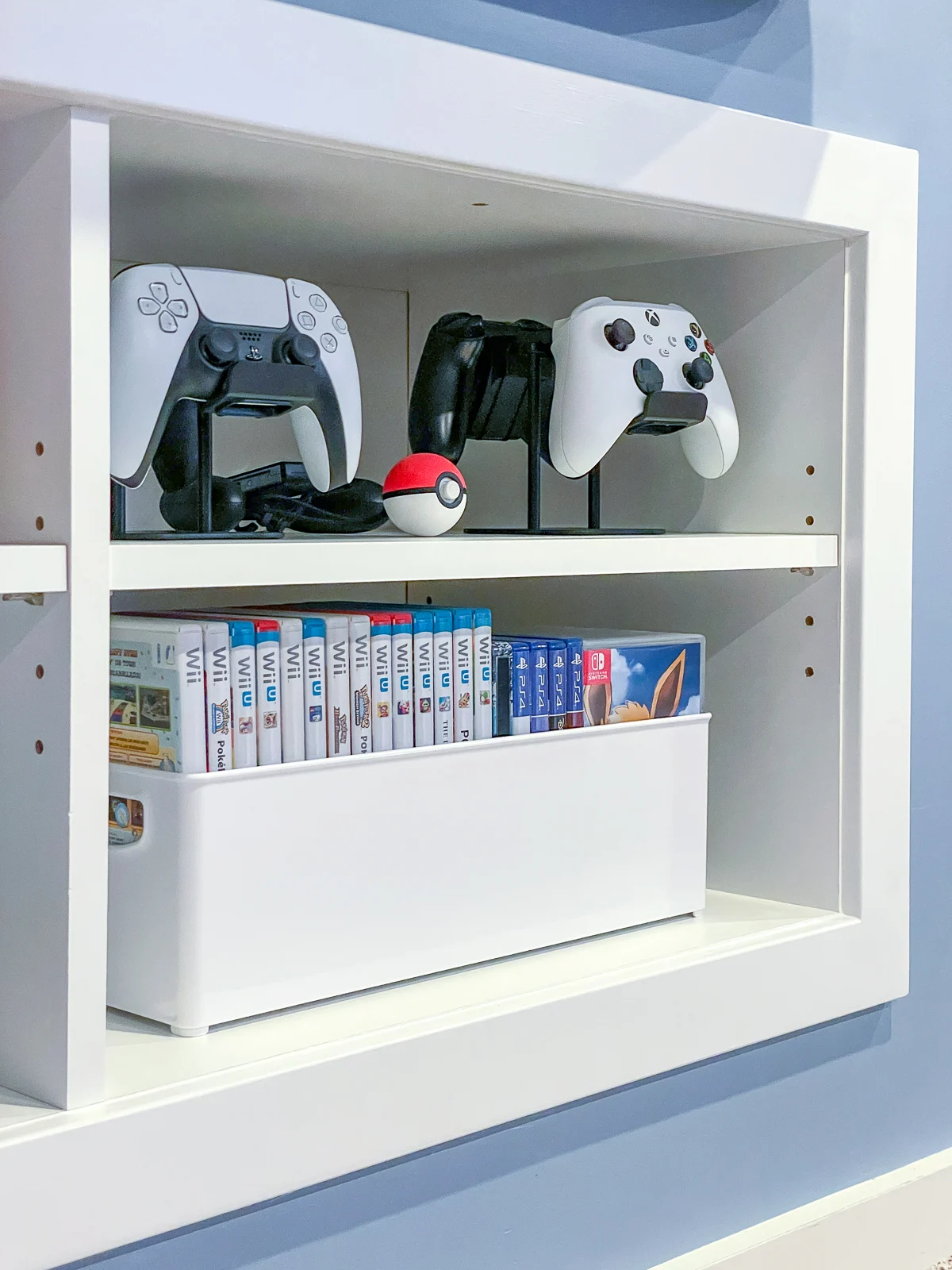 game console shelf with adjustable shelves on shelf pins