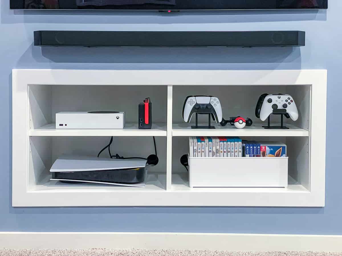 front view of DIY game console shelves