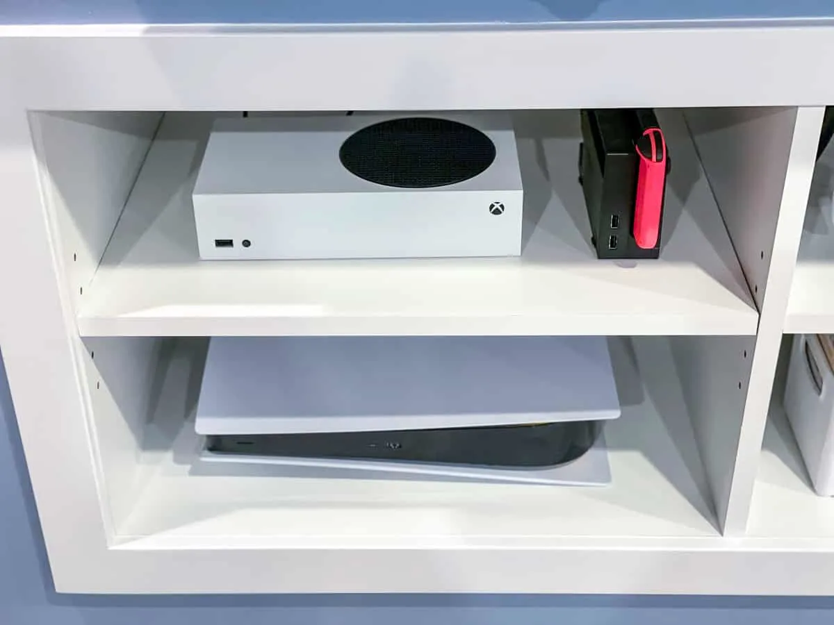 DIY game console shelf with Xbox, Playstation and Nintendo Switch