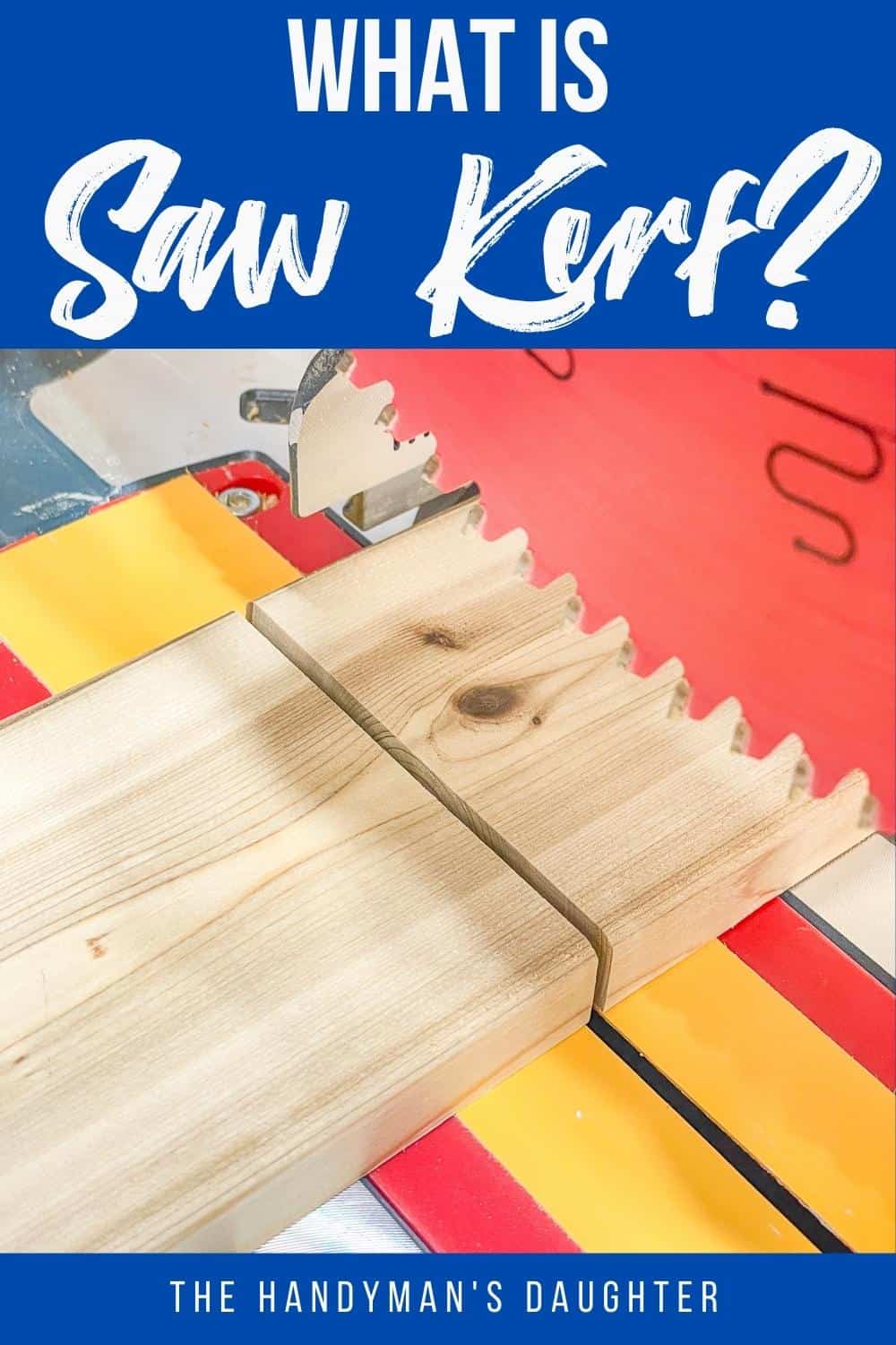 what is saw kerf? with image of miter saw and board cut in half