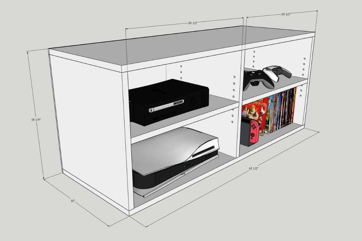 DIY game console shelf 3D model with dimensions