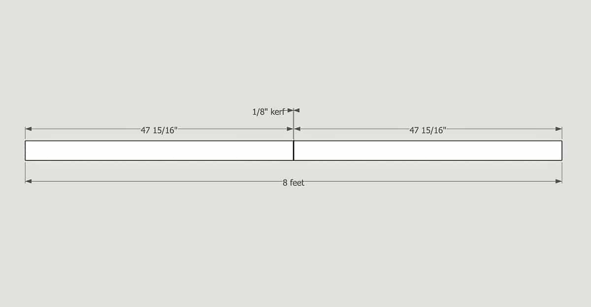 illustration showing 8 foot board cut in half with ⅛" kerf resulting in two boards that are 47 15/16" long, not 48" long