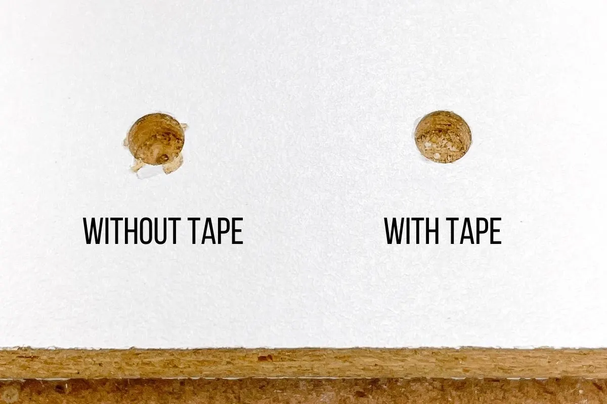 shelf pin holes in melamine with and without tape used during drilling