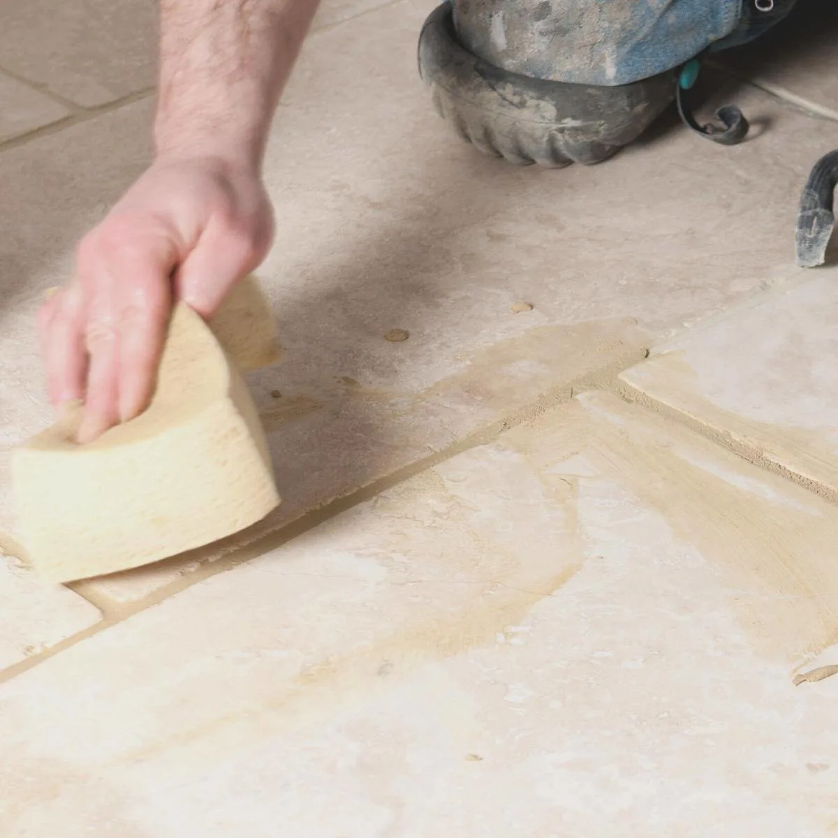 cleaning grout lines with a sponge