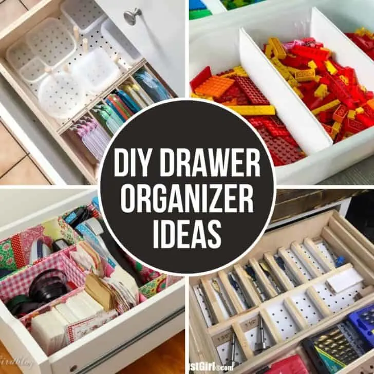 image collage of four DIY drawer organizer ideas with text overlay 