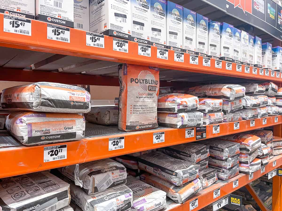 Home Depot aisle with sanded and unsanded grout for sale