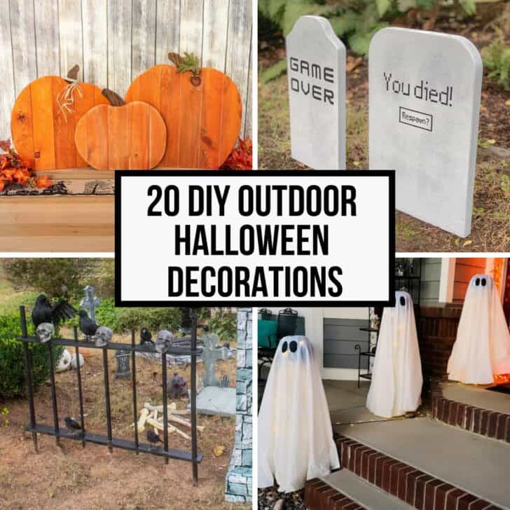 Image collage of four outdoor Halloween decorations with text overlay 