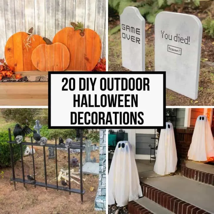 Image collage of four outdoor Halloween decorations with text overlay " 20 DIY outdoor Halloween Decorations"