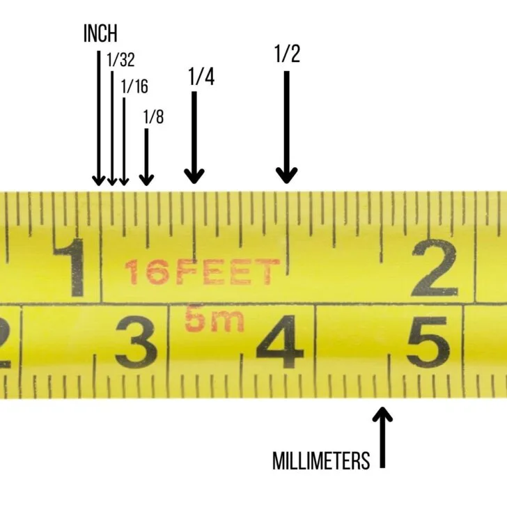 how to read a tape measure with 1/32, 1/16, 1/8, 1/4, 1/2 and 1 inch marked