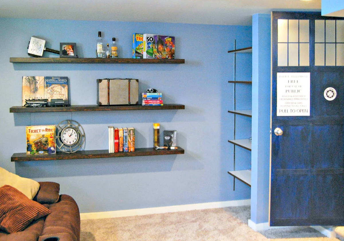 floating shelves on wall where closet was removed