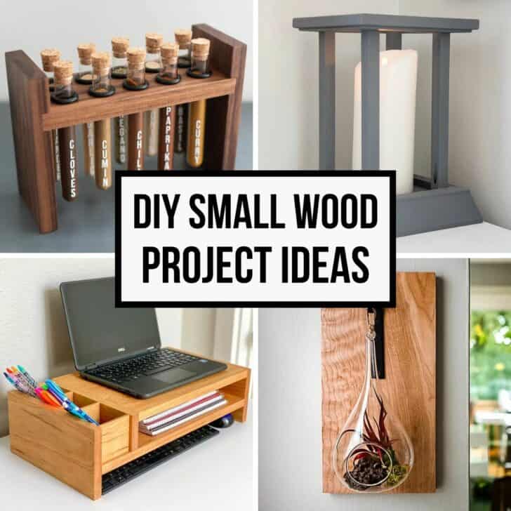 Image collage of four small wood project ideas with text overlay "DIY small wood project ideas