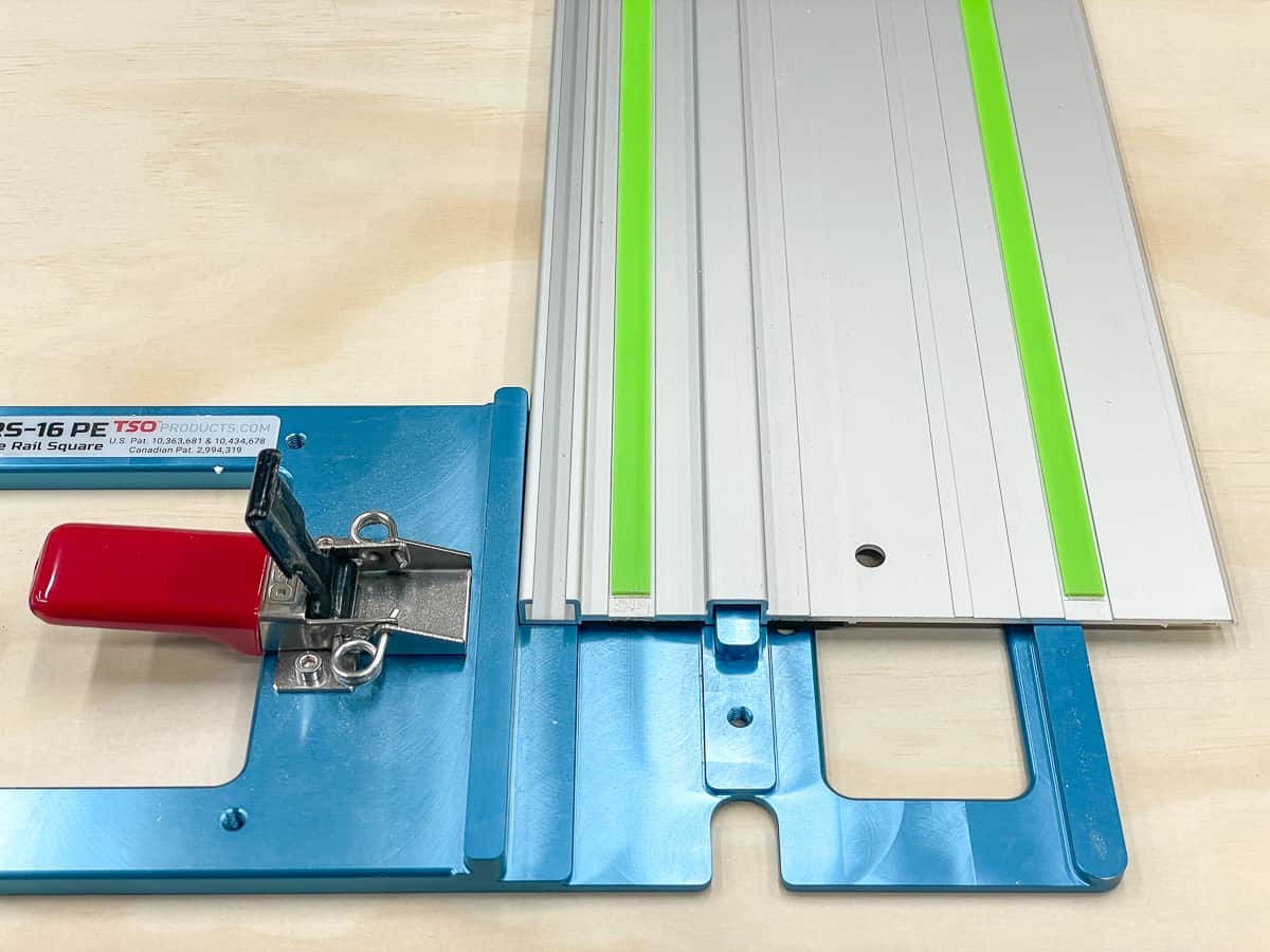 TSO track saw square sliding onto Festool rail