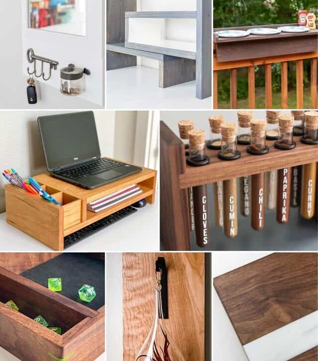 image collage of eight small wood project ideas you can make
