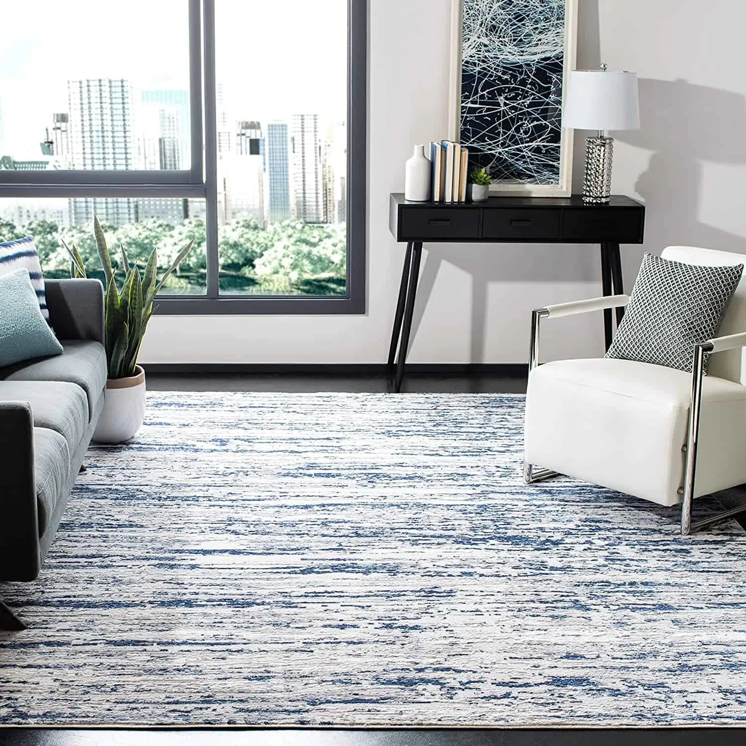 dark blue and gray abstract area rug
