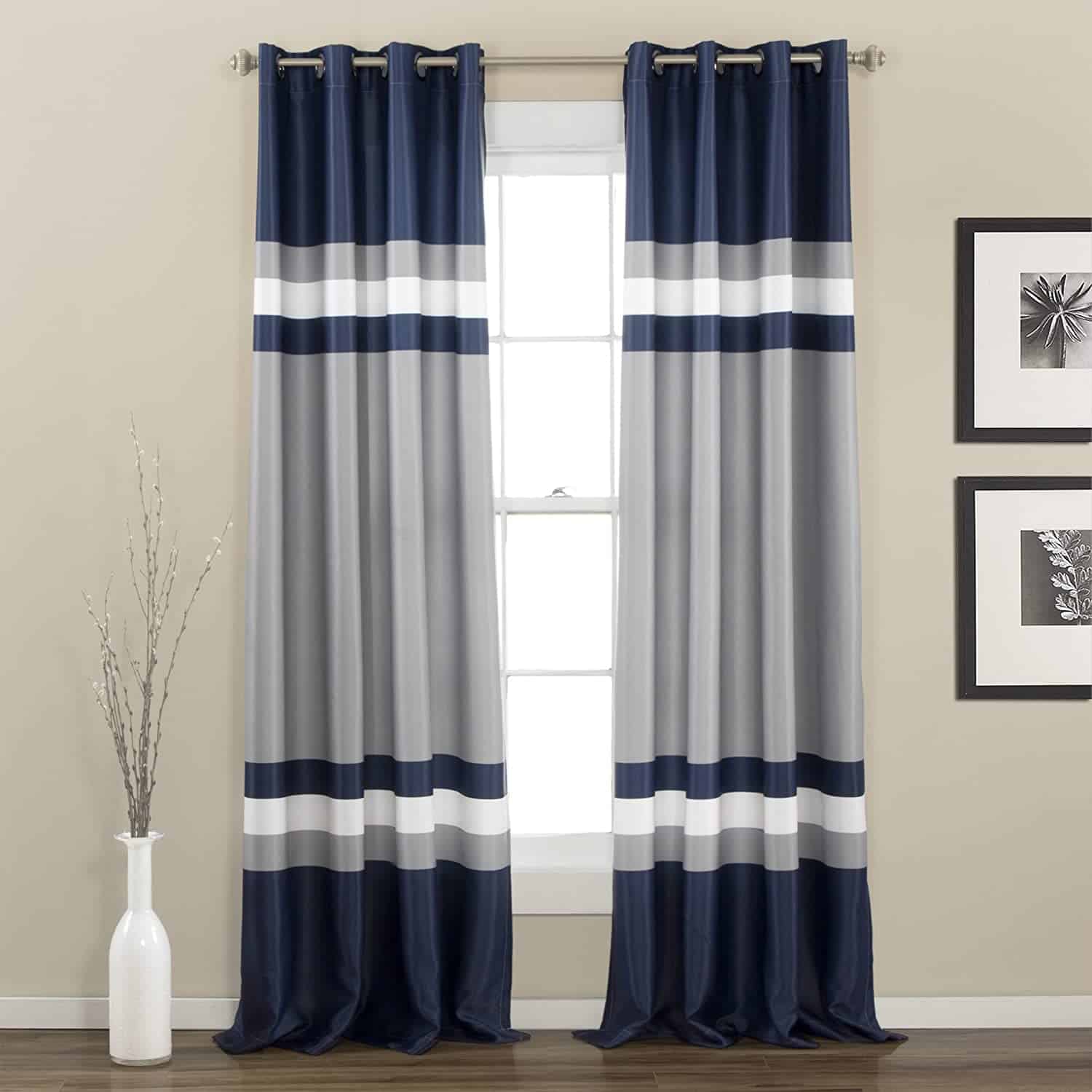 gray, navy blue and white striped full length curtains