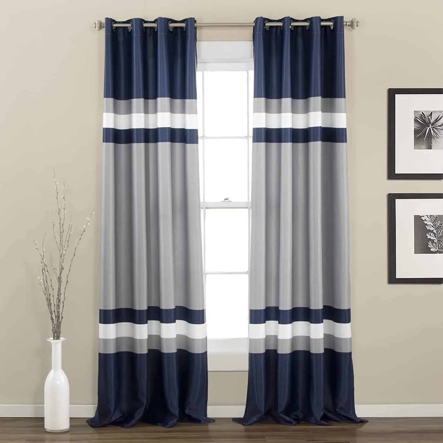 gray, navy blue and white striped full length curtains