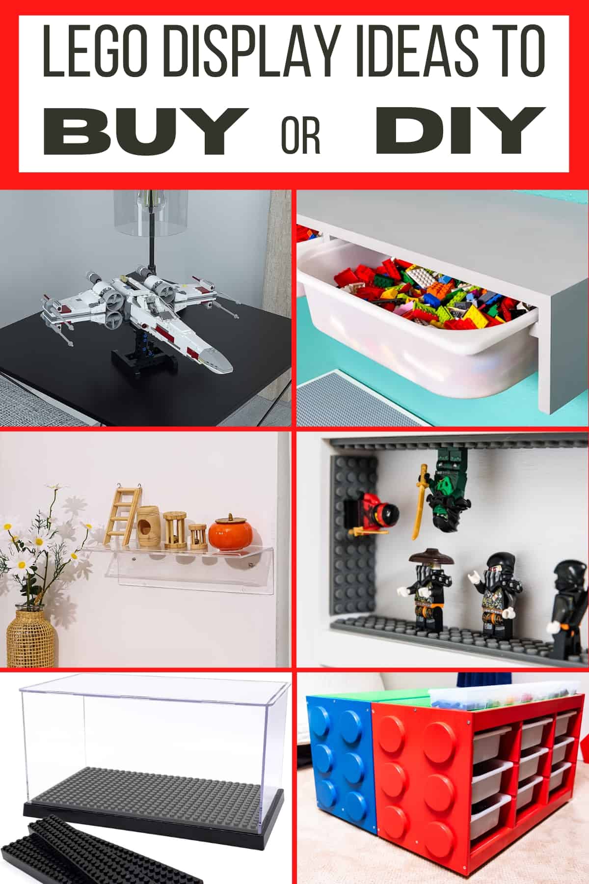 collage with three Lego display ideas to buy and three Lego display ideas to make yourself