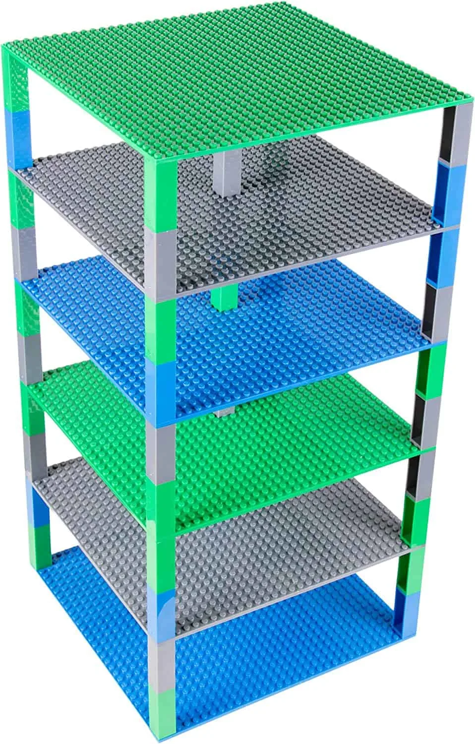 Lego baseplate tower with alternating green, gray and blue layers