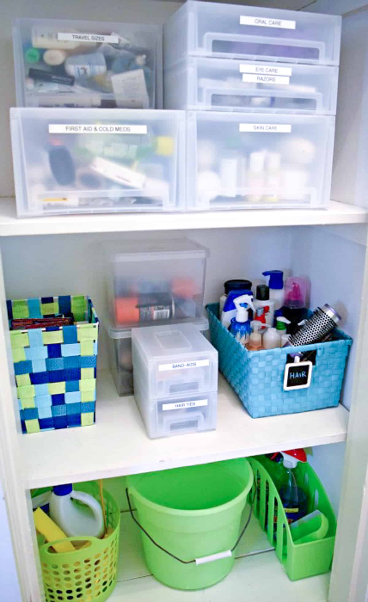 linen closet shelves organized with Daiso storage products