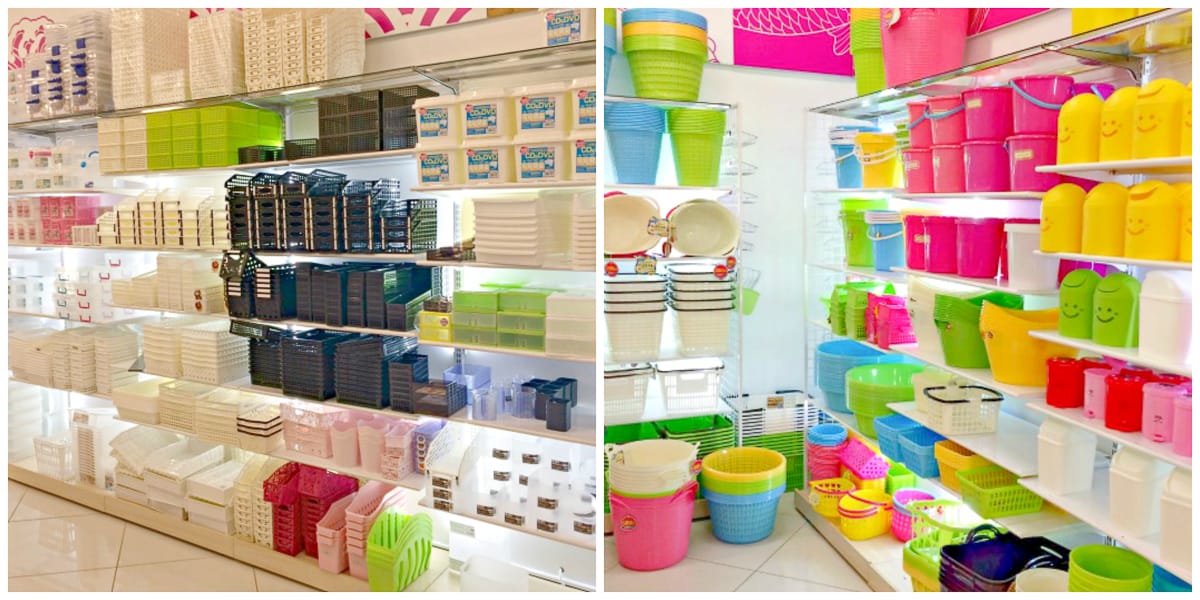 Daiso storage and organization products on store shelves