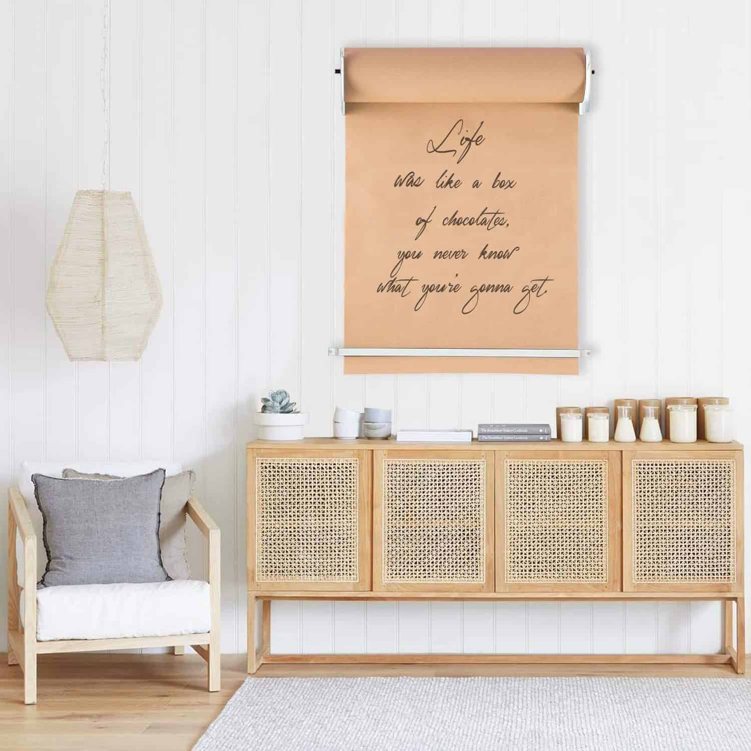 paper roll holder above console table in living room