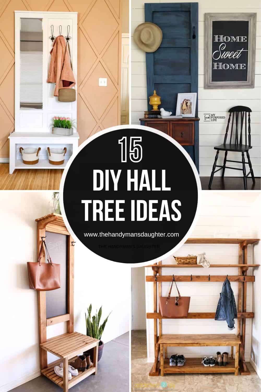 collage of DIY hall tree ideas
