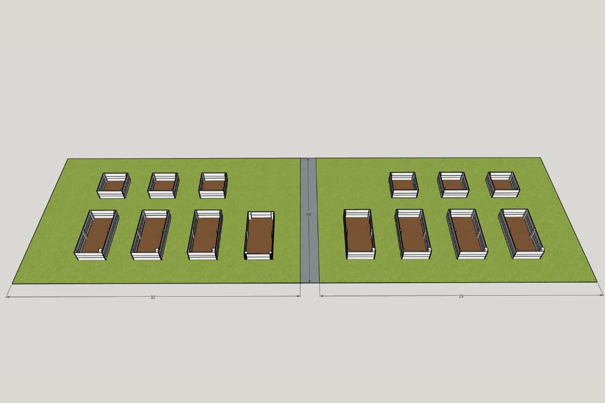 raised garden bed layout with eight large beds and six smaller ones