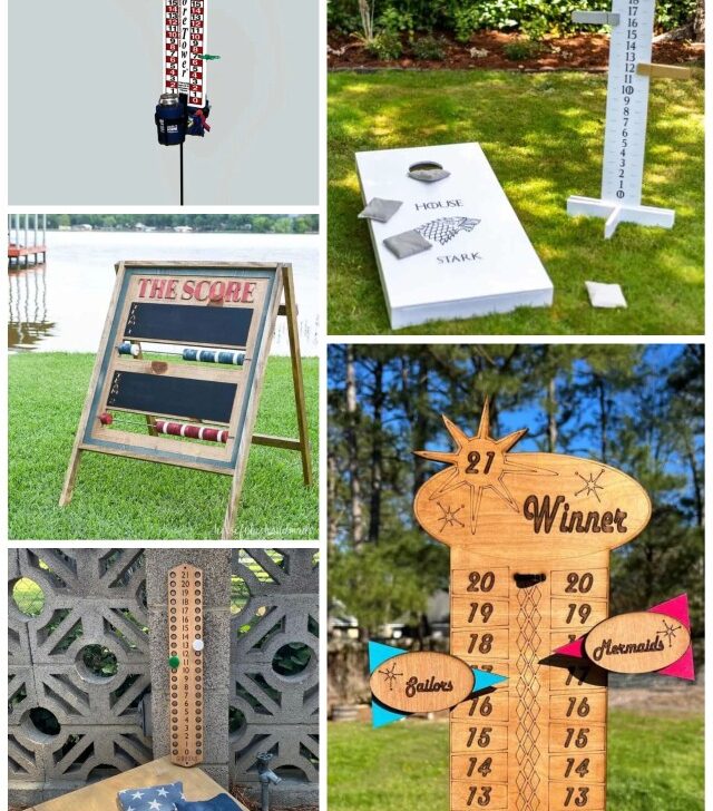 Five images of cornhole score keepers.