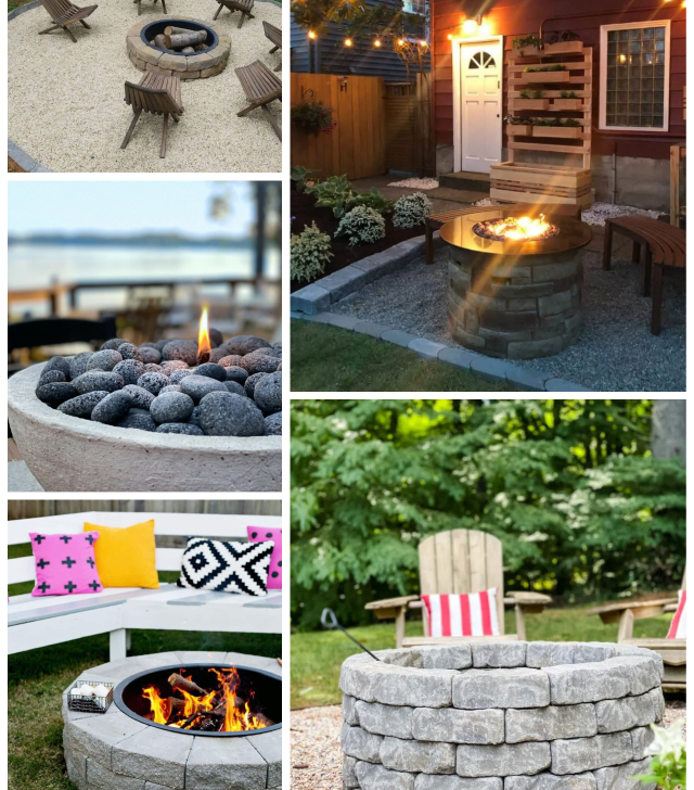 Collage of five fire pit DIYs.
