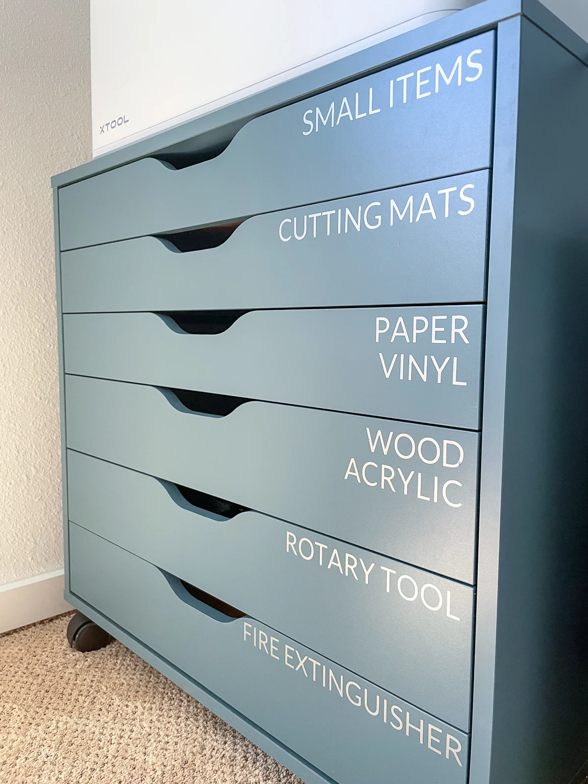 xTool M1 cabinet with labels